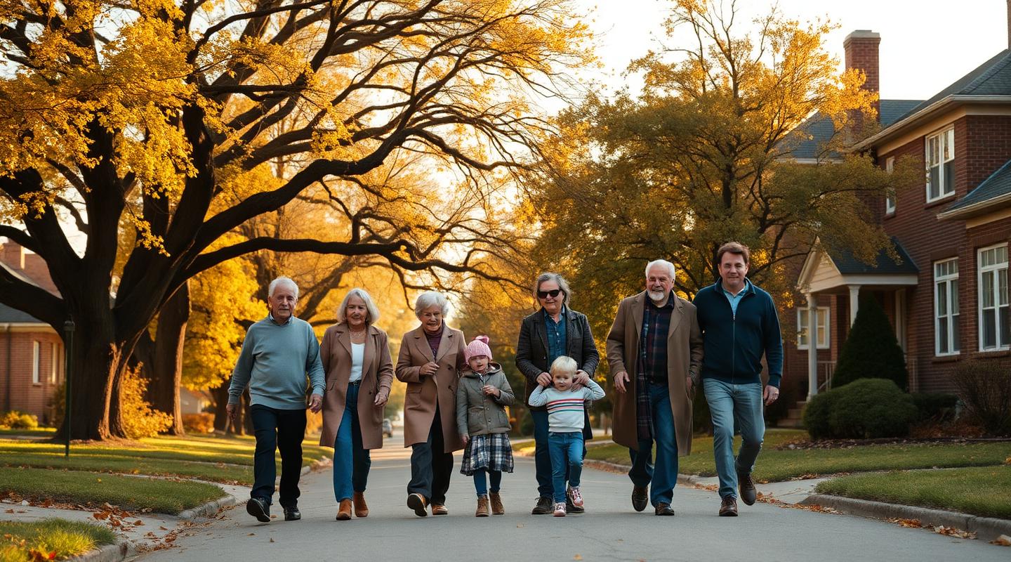 Multigenerational Northwest Chicago suburb family walking together on a tree-lined street in autumn